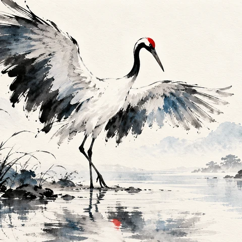 A masterful sumi-e ink and watercolor artwork on warm white cotton paper: ONE elegant red-crowned crane unfurls two broad wings beside a still pool, its long black legs and curved neck anatomically coherent. Sweeping black dry-brush feathers dissolve into indigo watery washes; one vivid vermilion crown and its delicate reflection provide the only bright color. Expressive refined brushwork, asymmetrical editorial composition, generous white negative space, tactile paper fibers, graceful immediate silhouette. No calligraphy, stamps, lettering or borders.