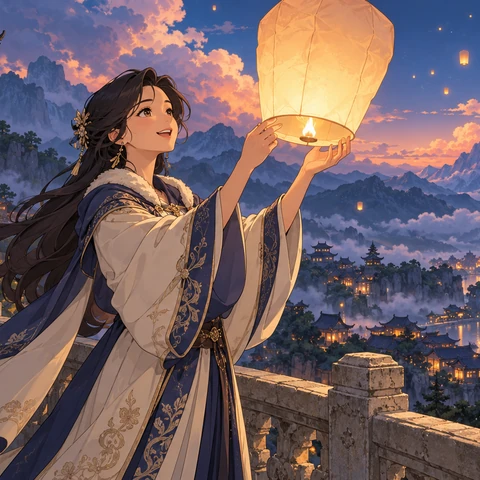 Original refined hand-drawn anime feature-film keyframe. One attractive clearly adult woman aged 27 with long dark hair and an elegant cream-and-indigo travel coat stands on a stone balcony above a misty mountain town at blue hour. She holds ONE warm glowing ivory paper sky lantern in both visible hands just above chest level, about to release it. Three-quarter view, expressive delighted face, lantern and hands clearly separated, room above for flight. Amber windows, indigo rooftops, enormous painted peach clouds. Sophisticated linework and cel shading, one character, no writing.