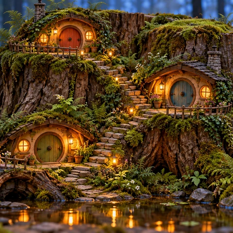An extraordinary miniature architectural photograph of a tiny cozy village built into the tiers of ONE massive moss-covered oak stump. Three beautifully crafted little round-door houses, amber interior lights, a single curving stone stair connecting their doors, delicate fern gardens and a shallow rain pool below. Twilight blue woodland beyond. Macro tilt-shift craft, believable wood grain and tiny brickwork, warm storybook atmosphere, no people or animals, a clear central sculptural silhouette.