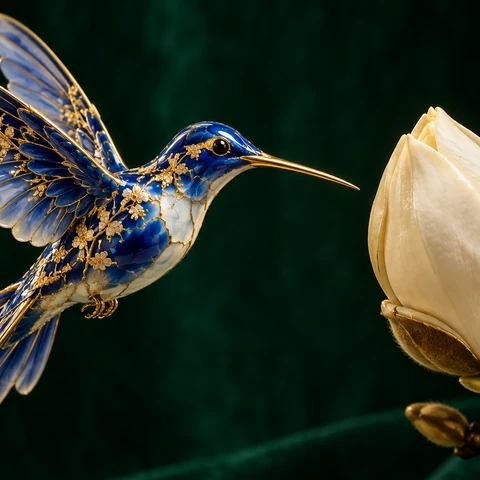 One astonishing hummingbird made from translucent cobalt-blue porcelain and delicate gold filigree hovers beside ONE large closed ivory magnolia bud on a dark branch. Entire bird, two wings and long beak are readable; the beak points toward but does not touch the bud. Deep emerald velvet background, warm museum spotlight, tactile glazed ceramic, exquisite tiny gold cracks, refined studio macro fantasy photography. Generous dark negative space, bold blue-ivory-gold silhouette, no extra birds.