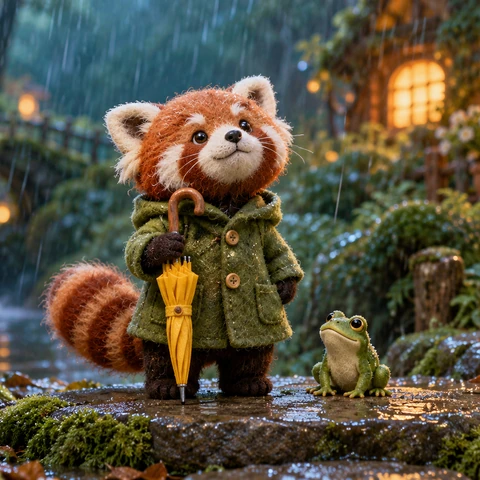 Original tactile stop-motion miniature film still. One charming adult red panda in a tiny moss-green raincoat stands beside one small green frog on a wet woodland stepping stone. The red panda holds a CLOSED bright yellow umbrella upright by its handle in one front paw. Both faces, both paws, umbrella tip and frog are clear, with ample space above for the umbrella to open. Soft rain, deep teal ferns, warm amber cottage bokeh, felt-like fur, honest small-scale materials. Tender funny anticipation, clean center-weighted composition.