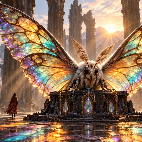 In a roofless cathedral of dark volcanic stone, one enormous jewel moth rests on a low altar. Its opalescent stained-glass wings are raised in a shallow V, already showing intricate amber, cyan and violet membranes, fine dark veins and delicate feathery antennae. A shaft of sunrise shines through the wings and projects spectacular sharp pools of colored light onto the old stone aisle. The moth fills the central image; a small clearly adult female explorer in a simple rust cloak stands far behind for scale. Exquisitely tactile obsidian, opal and powdery moth scales; believable coherent insect anatomy, grand but intimate wonder, restrained atmospheric dust, extraordinarily luminous prismatic fantasy realism. Leave space above and to the sides for the wings to open. Strong thumbnail silhouette. No writing, logos, borders, watermark, panels or collage.