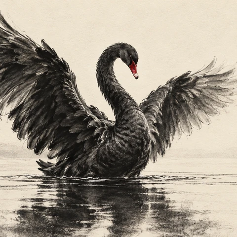 Museum-quality expressive charcoal drawing on warm ivory textured paper: one black swan raises its magnificent wings over a nearly empty pale lake, viewed low from the front at three-quarter angle. Its elegant curved neck and small crimson beak provide a precise focal point. Sweeping velvety charcoal strokes build the feathers with extraordinary control, alternating deep black masses, finely scratched highlights and loose gestural dust. A delicate broken reflection below balances the sculptural upward wings; huge quiet areas of bare paper surround the bird. Exactly one coherent swan, two wings. The only color is the restrained crimson beak, all else authentic black charcoal and paper. Moving, bold, graceful, sophisticated composition with an immediate silhouette and visible handmade mark-making. No words, signature, logo, watermark, frame or collage.