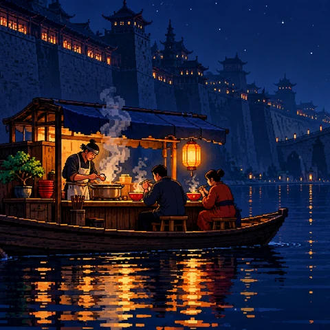 Meticulously crafted pixel art of a tiny floating noodle bar on a wooden boat in a vast midnight indigo canal. One clearly adult cook works beneath a warm amber lantern and a midnight-blue awning, steam spiraling from a pot; two clearly adult diners sit on stools. Saturated vermilion bowls and a small emerald plant. The boat's warm gold light reflects in broken pixel ribbons across still dark water. Monumental quiet city walls and a single arched bridge recede into the blue darkness, faint stars above. Deliberate visible square pixel clusters, crisp hard edges, economical beautiful dithering, no soft illustration pretending to be pixel art. Intimate warmth against enormous cool negative space, expertly composed, enchanting and instantly readable at thumbnail size. No lettering, signs, logos, watermark, borders or collage.