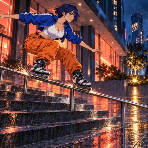 Premium hand-drawn anime key visual: one attractive clearly adult woman, age 26, with a short navy bob and confident concentrated expression, wearing a cropped cobalt track jacket over an opaque white athletic top, loose orange cargo trousers and coherent inline skates. She is already balanced in a low sideways grind on one straight steel handrail above a broad three-step stair in a rain-wet futuristic city plaza. Both skates visibly contact the same rail. Her entire body, both hands, both skates, the rail's clear endpoint and empty landing area to the right are visible. The camera is low, dynamic three-quarter side view. Sharp expressive ink lines, sophisticated cel shading, electric coral storefront light against cobalt rainy night, crisp sparks at contact, bold clean shapes, atmospheric reflections. A thrilling frame of purposeful movement, legible anatomy and skate geometry. Original character, no recognizable IP, no text or signage, no logos, no watermark, no collage.