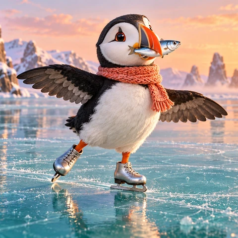 A single irresistibly charming Atlantic puffin in a tiny knitted coral scarf stands on an icy turquoise pond in two small silver ice skates fitted to its two orange feet. A single small silver fish is held crosswise in the puffin's vivid orange beak. The puffin spreads its two wings for balance, one foot slightly forward, ready for an exuberant skating spin. Premium tactile stop-motion-inspired 3D animation: velvety black feathers, white plush belly, detailed yarn, frosty ice with subtle looping skate marks and translucent bubbles. Low camera at puffin eye level, medium-wide full body, plenty of clean ice around it, soft arctic peach sunrise, distant snowy sea stacks with gentle depth of field. Playful proud expression, polished expressive lighting, exceptional craft, strong central thumbnail silhouette. Exactly one puffin, one fish, two wings and two feet. No text, logo, watermark, frame or collage.