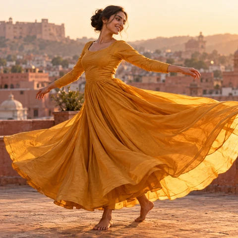 A breathtaking editorial dance photograph of one attractive clearly adult woman age 27 spinning barefoot on a warm terracotta rooftop at golden hour. She wears an elegant fully opaque saffron silk dress with a long flowing circular skirt and fitted long-sleeve bodice. The skirt is caught in one broad sculptural arc like a sunlit sail, with realistic folds and translucency confined to the trailing fabric edge. Her joyful expressive face is tack sharp in three-quarter profile, dark hair in a neat bun, arms and hands naturally extended, body and feet anatomically coherent. A quiet rose-colored walled city falls softly out of focus behind her. Low warm sun makes fine airborne dust and woven silk glow; authentic skin texture, cinematic but natural color, 85mm editorial portrait character, captured real motion rather than a stiff fashion pose. No text, logos, jewelry branding, watermark, border or collage.