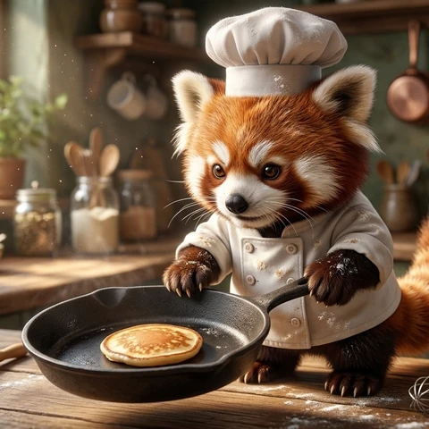 A determined red panda chef holds a cast iron pan with one tiny pancake in a cozy kitchen. Show the whole pan and leave space above it.