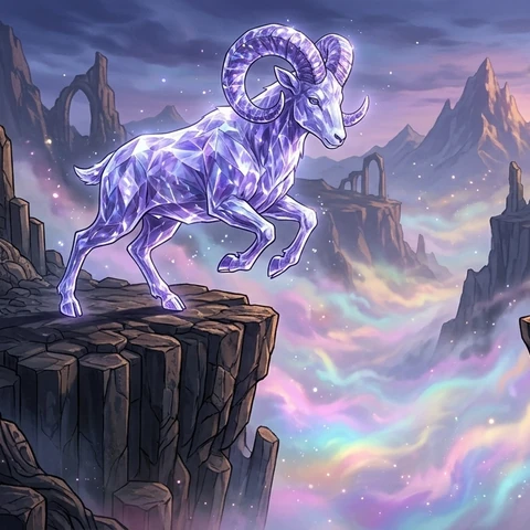 A crystal ram stands at the edge of a black basalt cliff above rainbow mist, ready to leap to a nearby ledge. Show the whole animal and both ledges.