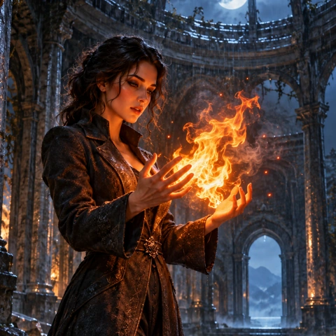 An adult woman in a charcoal coat conjures a first plume of vivid orange flame between her hands inside a flooded ruined observatory. Blue moonlight through the broken roof, warm firelight on her face, rippling golden reflections, cinematic photographic fantasy.