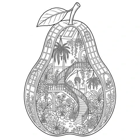 A printable coloring page of a greenhouse inside a giant pear, with winding stairs, flowers and hanging plants. Crisp black outlines, white background, no shading or words.