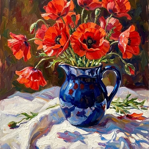 Red poppies in a cobalt ceramic pitcher on white linen, hard afternoon sunlight and lively painted shadows. A joyful oil painting.