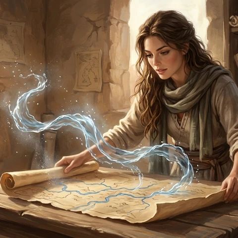 An attractive young adult desert cartographer unfolds a parchment map whose blue rivers rise into delicate ribbons of water. Warm sandstone room, quiet amazement.