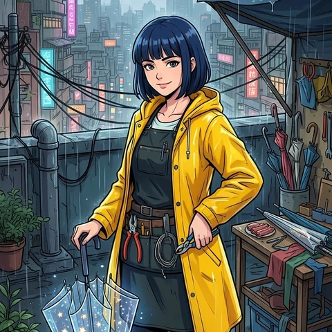 An attractive 26-year-old umbrella repairer on a rainy rooftop holds a closed transparent umbrella filled with tiny stars. Navy bob, yellow raincoat, confident smile. Show her whole body.