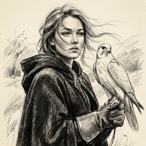 An attractive young adult falconer in a dark cloak with one white falcon on her gloved hand, wind in her hair. Expressive charcoal on warm paper.