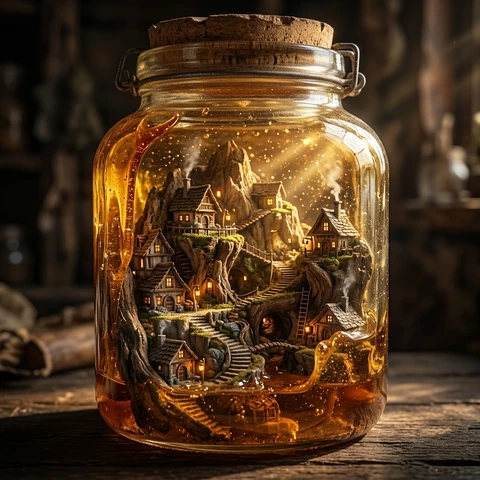 A tiny mountain village built inside a golden honey jar, with winding staircases and warm windows. Sunlight shines through the amber honey like stained glass.