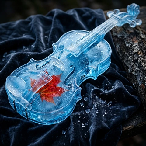 An elegant violin made from luminous blue ice, with a single vivid red autumn leaf trapped inside, resting on dark velvet.