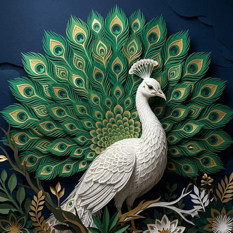 A magnificent white peacock with an enormous fan of emerald and gold feathers, made entirely from intricately layered cut paper against midnight blue.