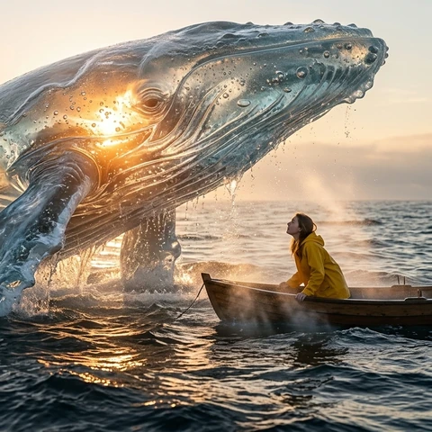 A gigantic whale formed entirely from transparent seawater rises beside a tiny boat carrying a young adult woman in a yellow raincoat. The sunrise shines through its glass-clear liquid body.