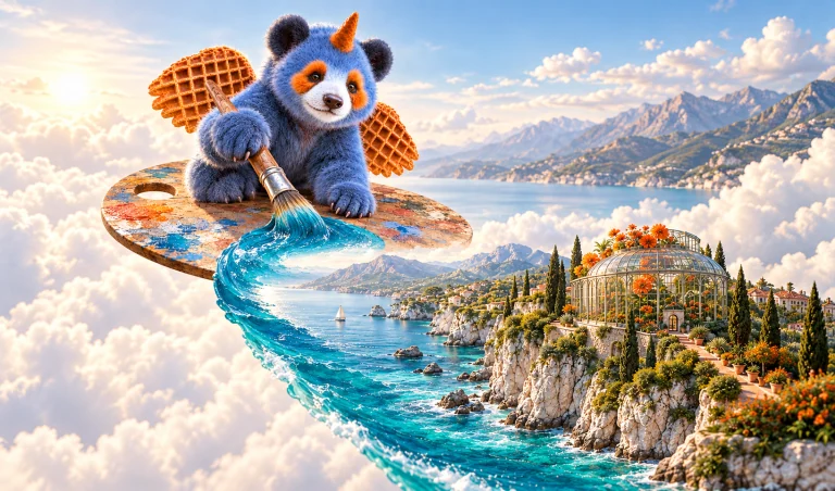 A blue panda painting a turquoise coastline and glass conservatory into existence