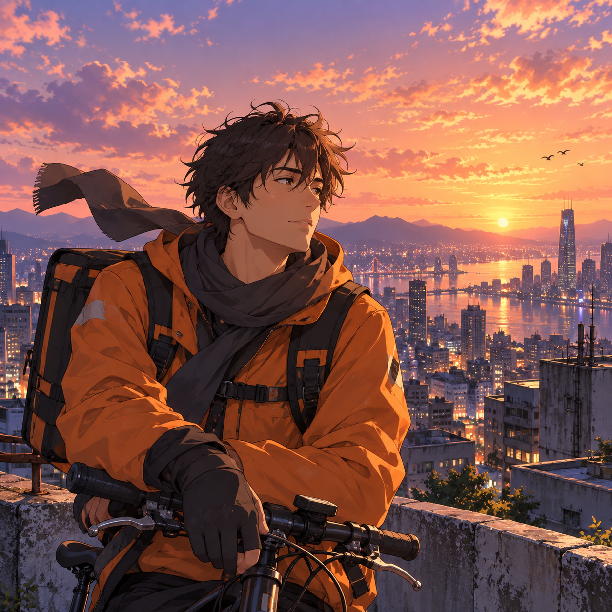 An anime bicycle courier in an orange jacket overlooking a city at sunset