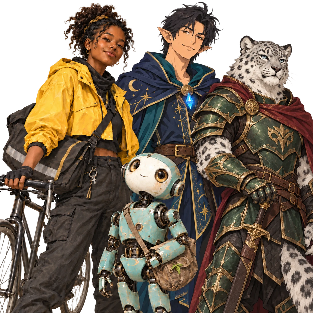 A bicycle courier in yellow, an anime elf spellcaster, a small robot, and a snow-leopard warlord in green armor