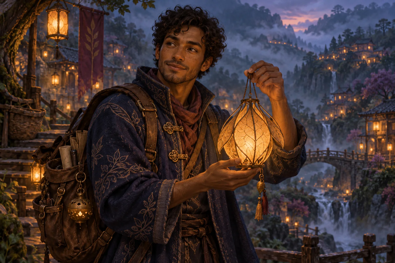 An original fantasy lantern-maker in an indigo coat, holding a leaf-shaped lantern above a misty mountain village