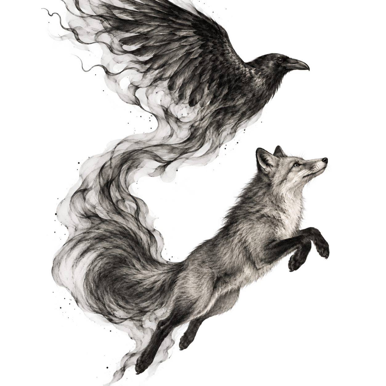 An ink illustration of a leaping fox beneath a raven, their tails and wings dissolving into flowing brushstrokes