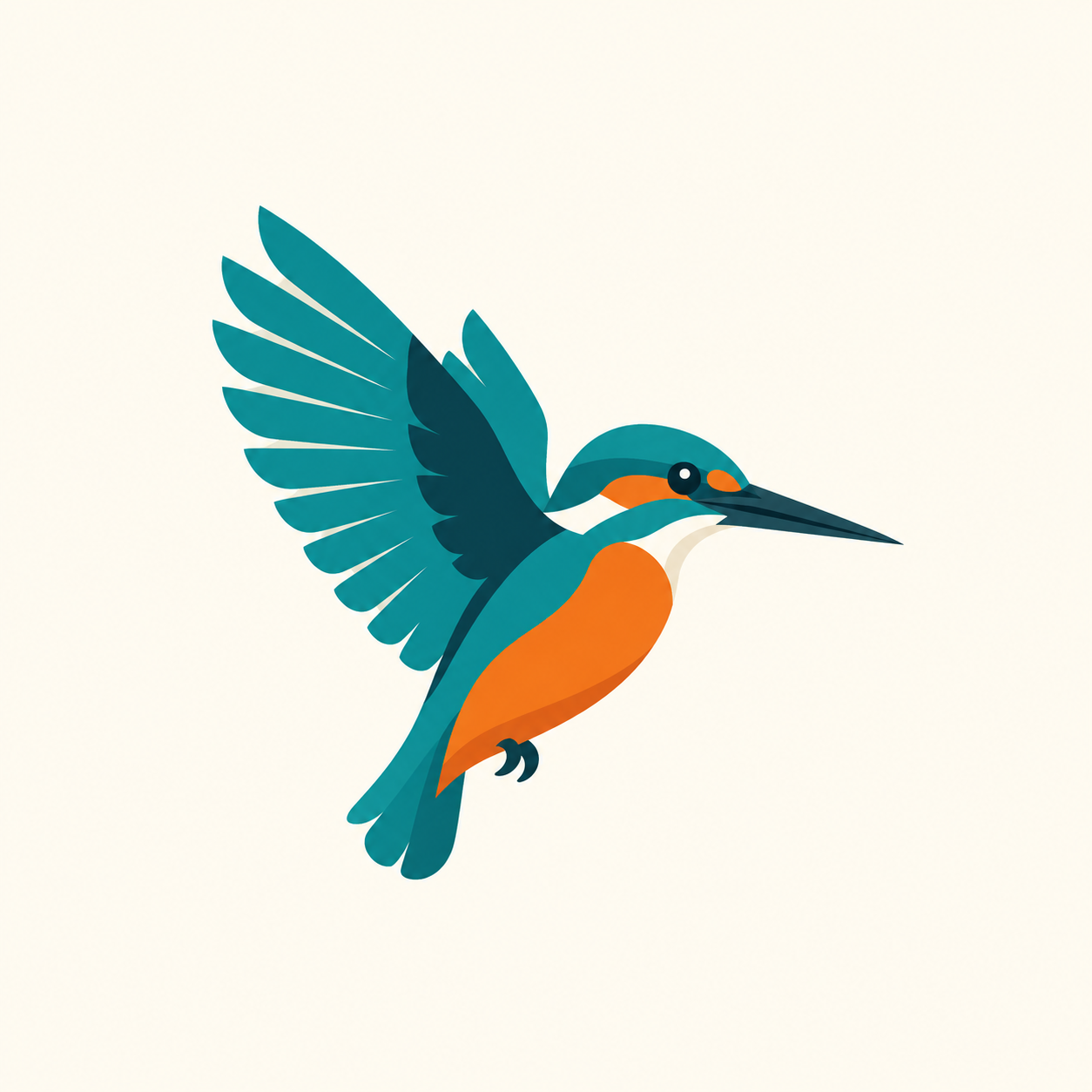 A geometric kingfisher logo in teal and orange