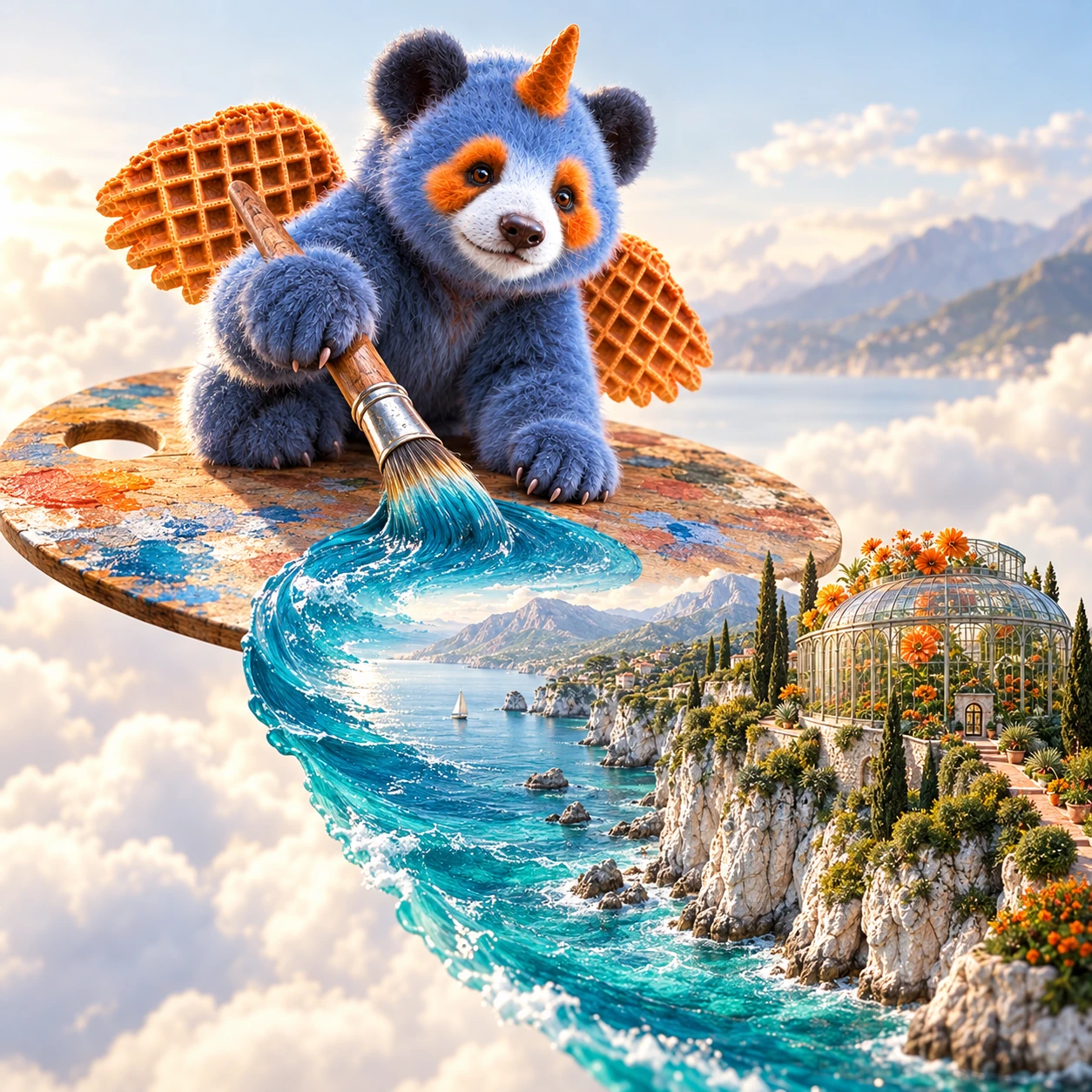 A blue panda with orange waffle wings painting a turquoise coastline and glass conservatory into existence