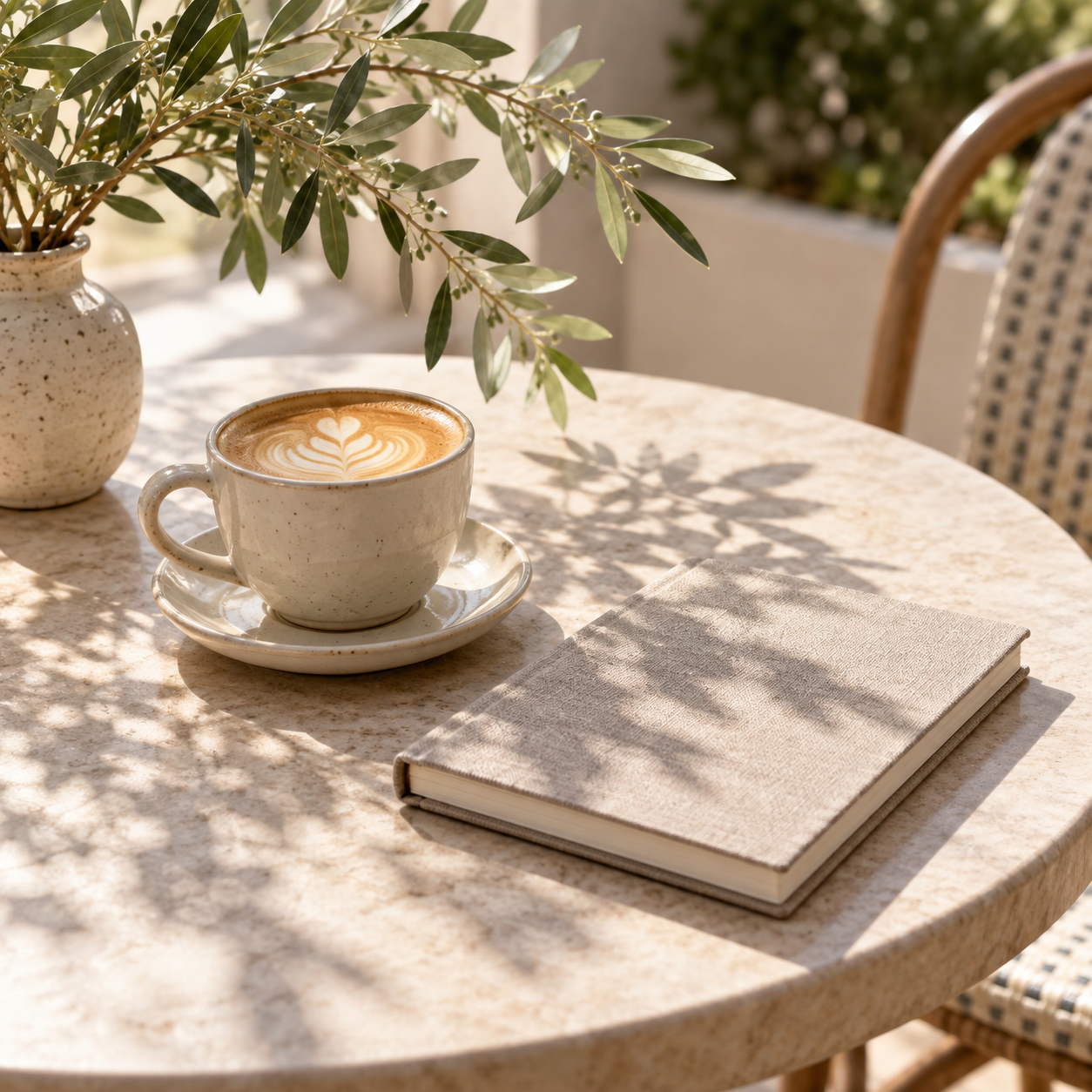 Coffee and a linen notebook on a sunlit café table with soft leaf shadows