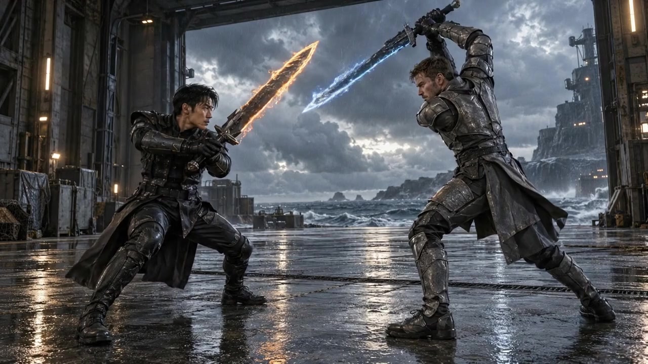 Two armored rivals clash with fire-edged swords in a storm-lit hangar