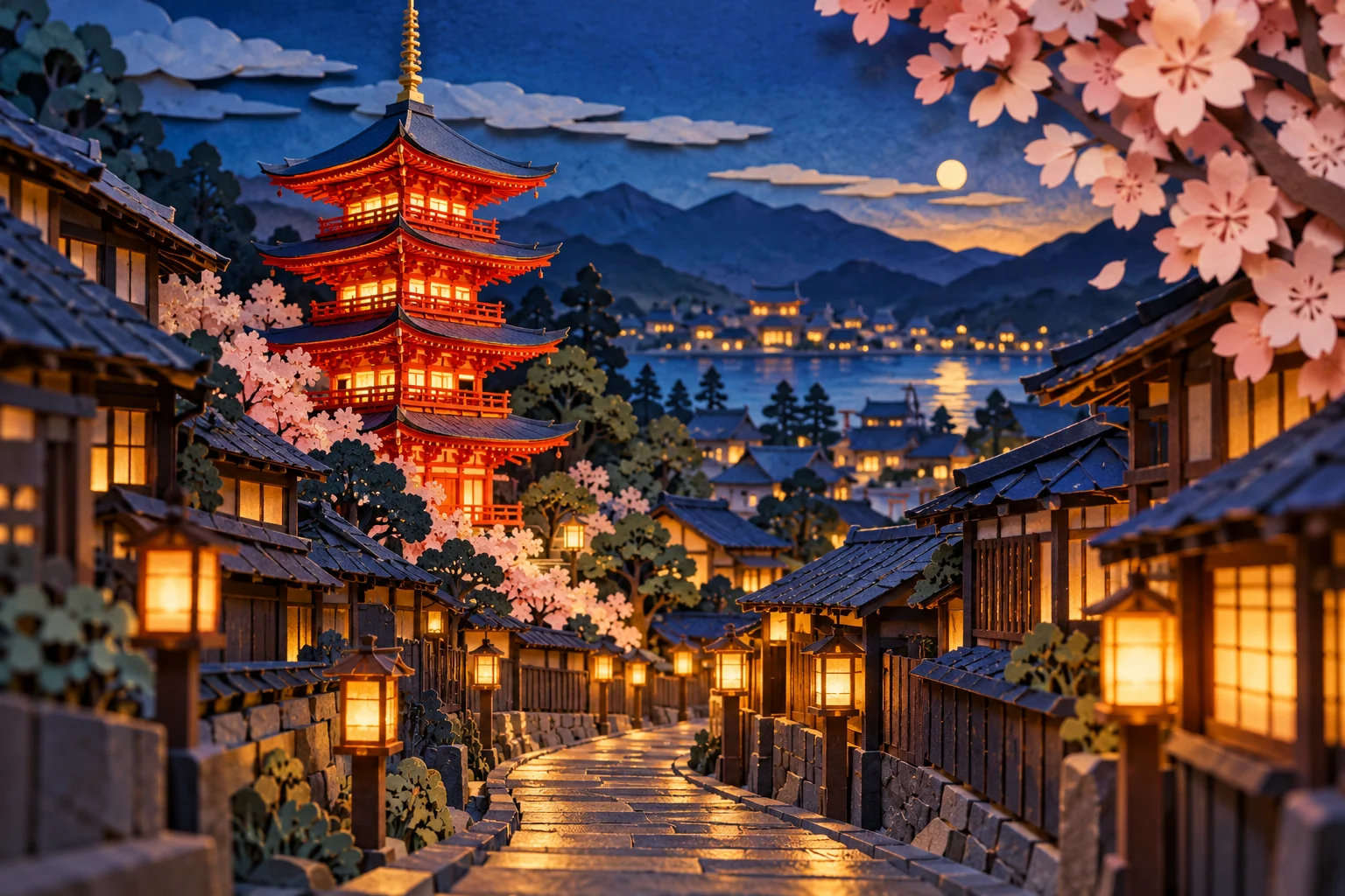 A paper-cut illustration of a lantern-lit Kyoto street, with cherry blossoms and a red pagoda.